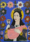 0E992 Antik erdélyi üveg ikon : Női szent