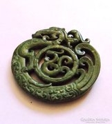 Zöld foltos Jade faragott kő, szerencse Sárkány amulett