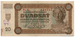 Szlovákia 20 szlovák Korona, 1939, ritka