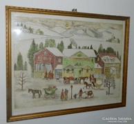 Karácsonyi készülődés - szinezett rézkarc - akvarell vegyest