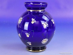 0F548 Virágdíszes kék színű parádi üveg váza