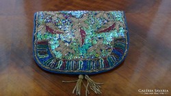 Különleges antik ékszertartó táska türkiz flitterek gyöngy 