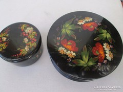 Orosz Fedoskino kézzel festett fekete lakk díszdoboz, Alenky virágokal ékszerdoboz