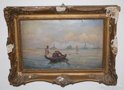 Velence - A Gondolás, olajfestmény 19. század, szignált