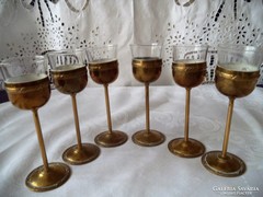 Art deco üvegbetétes réz likőrös poharak