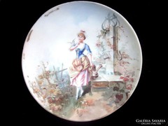 Antik festmény tejüveg tálon - szignált (Limoges-i stílusú)