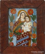 0H901 Antik erdélyi üveg ikon : Mária és kis Jézus