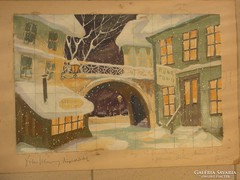 Díszletkép havas utcaképpel, akvarell