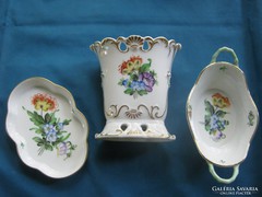 3 db szép régi herendi virágos porcelán dísztál+ kosár+ váza