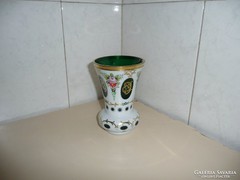 Cseh hántolt, kézifestéses bieder üveg váza 14 cm