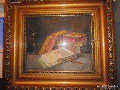 Lakos Alfréd (1870- 1961) Csendélet könyvekkel festmény.