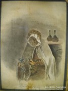 P111 Antik grafika bort kínáló idős hölgy