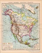 Észak - Amerika politikai térkép 1894, antik, eredeti