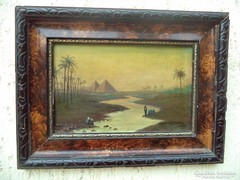 Ligeti A. Egyiptomi tájkép a piramisokkal Szép régi festmény