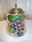 Copper-covered, hand-painted blown glass biscuit holder, circa 1900