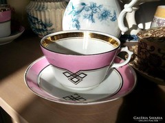 Régi porcelán, rózsaszín, fehér, arany, teás csésze szett