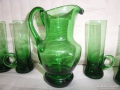 Zöld antik üveg pálinkás, likőrös készlet, szett, pohár
