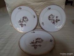 Rózsás, aranyszélű lapos tányér, német Kahla porcelán 3 db
