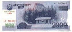 2000 Won 2008 UNC Észak Korea jubileumi bélyegzéssel 
