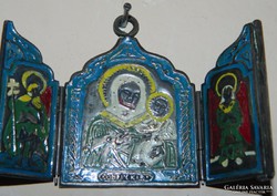 Orosz  tűzzománc utazó ikon - házioltár - jelzett /antik