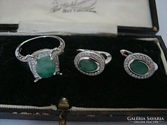 Smaragd és cirkon köves ezüst szett fülbevaló+gyűrű