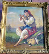 Olaj festmény vásznon, pipázó cigány asszony keretben