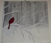 Vörös madárka, farostra festett akril kép