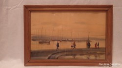 Dobroszláv József : Balatoni kikötő akvarell festmény