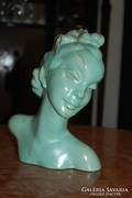 Komlós kerámia - Női fej (büszt), kékes-zöld. Jelzett! 26 cm