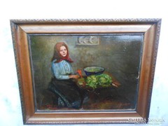 Peske Géza "Lányka főzés közben"Antik festmény.