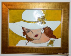 A fehér kalapos nő - tűzzománc kép 