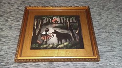 Piroska és a farkas, selyem festmény aranyozott fa keretben