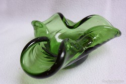  Iparművészeti zöld üvegtál fújt különleges forma 