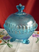 Antik kék üveg bonbonier, cukortartó nagy méretű