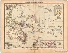 Ausztrália és Polinézia térkép 1893, eredeti, német