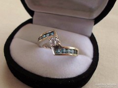 Szép brill csiszolású církon és akvamarin ezüstgyűrű
