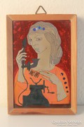 Tűzzománc kép, telefonáló hölgy,grafika, festmény keretben