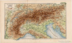 Alpok térkép 1892, hegy - és vízrajz, eredeti, német, régi