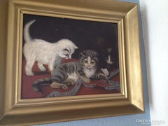 Antik cicás festmény - mély keretben