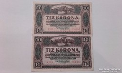 1920-as 10 Korona,2 db Ropogós Bankjegyek!!