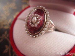 Hatalmas, igazgyönggyel kirakott vörös zománc ezüst gyűrű