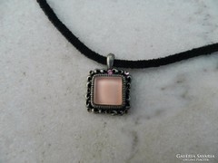 Pendant with pink stone on a leather strap - necklace