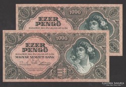 1000 pengő 1945. 2 db sorszám követő! UNC !!!