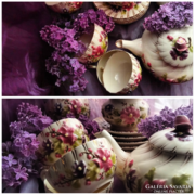 Antik Zsolnay családi pecsétes  teás készlet kidomborodó virágokkal. TJM jelzéssel