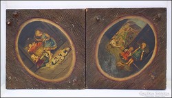 Antik fa táblára festett falikép párban , gyermek életkép