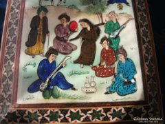Csontlapra festett képpel-intarziás doboz-iráni-perzsa KHATAM-KARI-16x10x3 cn