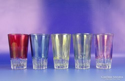 0H374 Régi színes üveg stampedlis pohárkészlet 5db