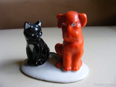 Régi kutya macska barátság porcelán figura