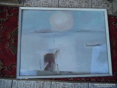Áron Nagy Lajos olaj farost festménye Reggel a Dunán