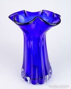 0M697 Művészi öblös kék üveg váza 27.5 cm